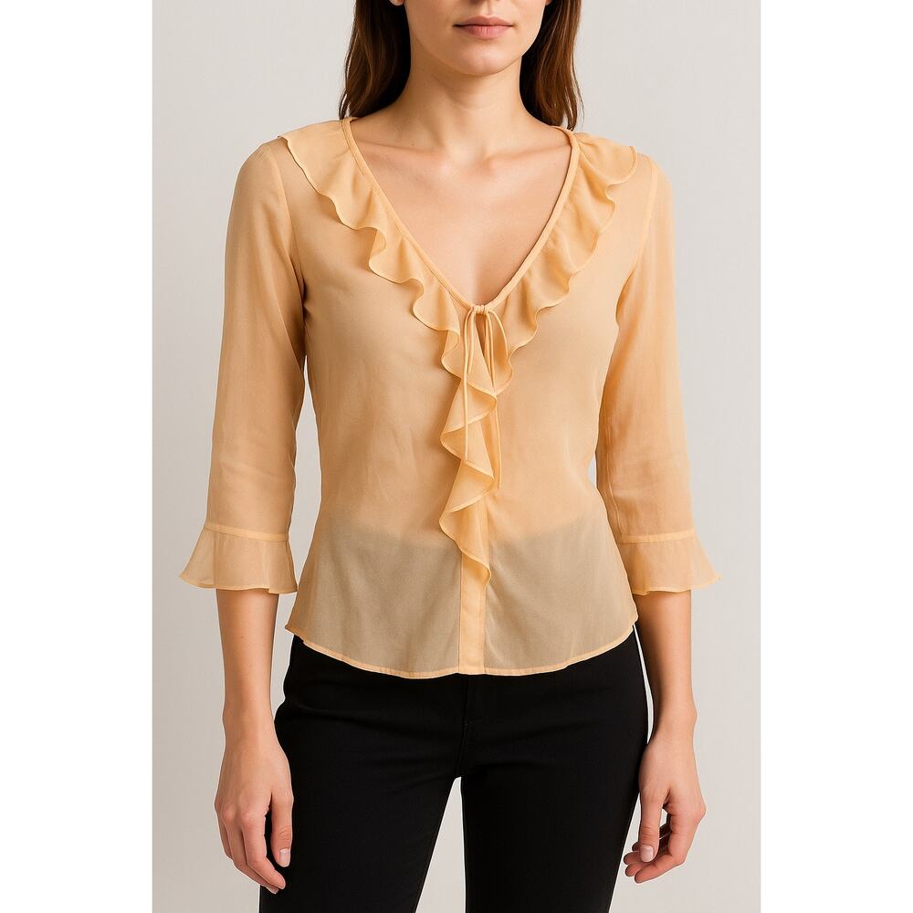 ICE 100% Silk Sheer Ruffle Blouse Small Peach V-Neck Romantic Top
